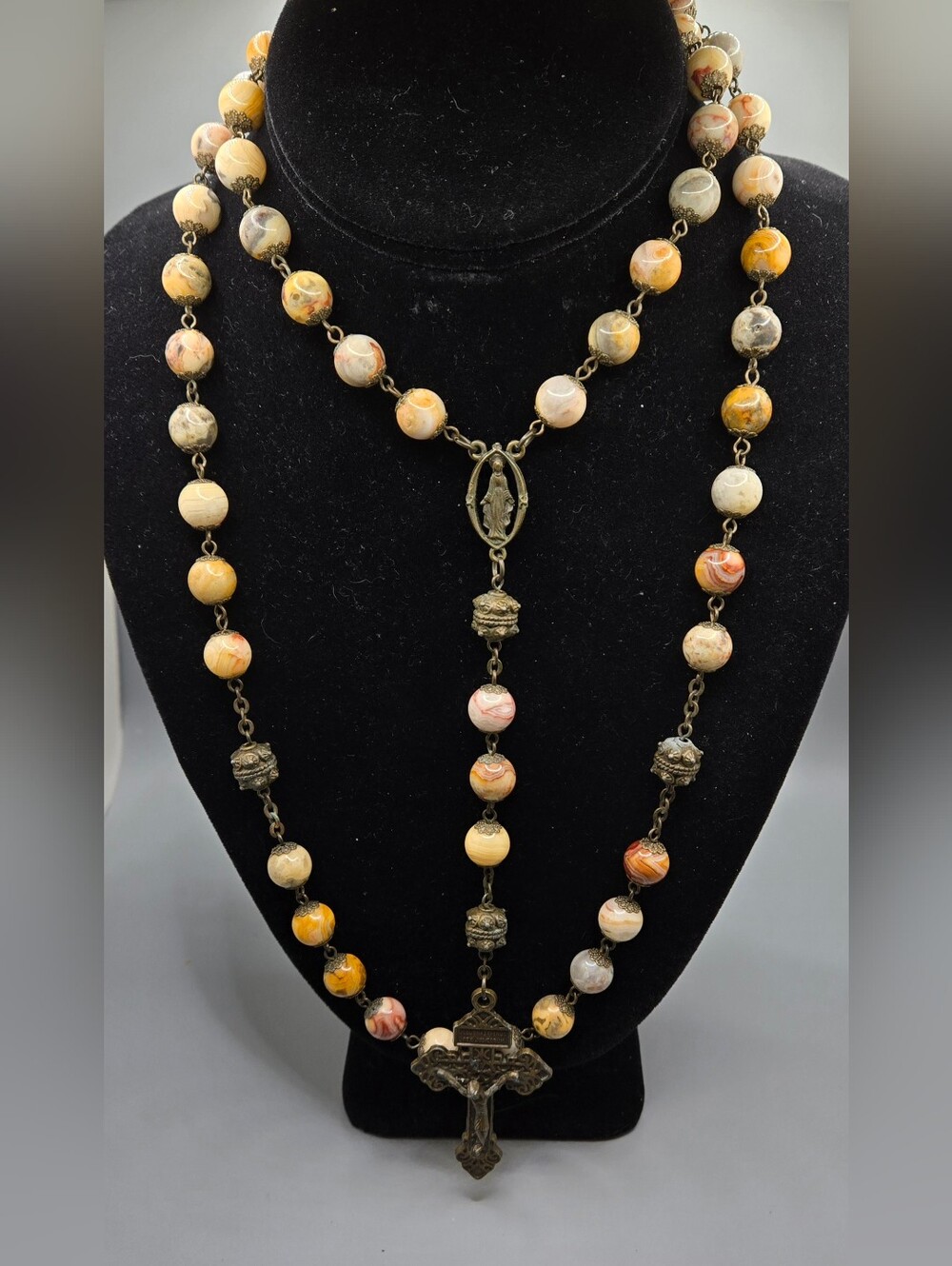 Stone Bead Rosary for Prayer Chain Strung Bronze Color Metal Crucifix